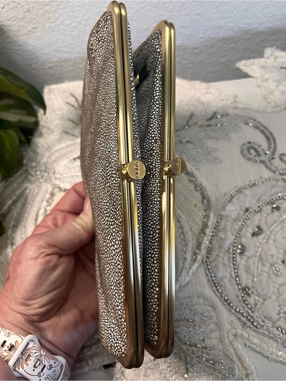 HOBO Metallic Shagreen Stingray Style Frame Wallet Clutch